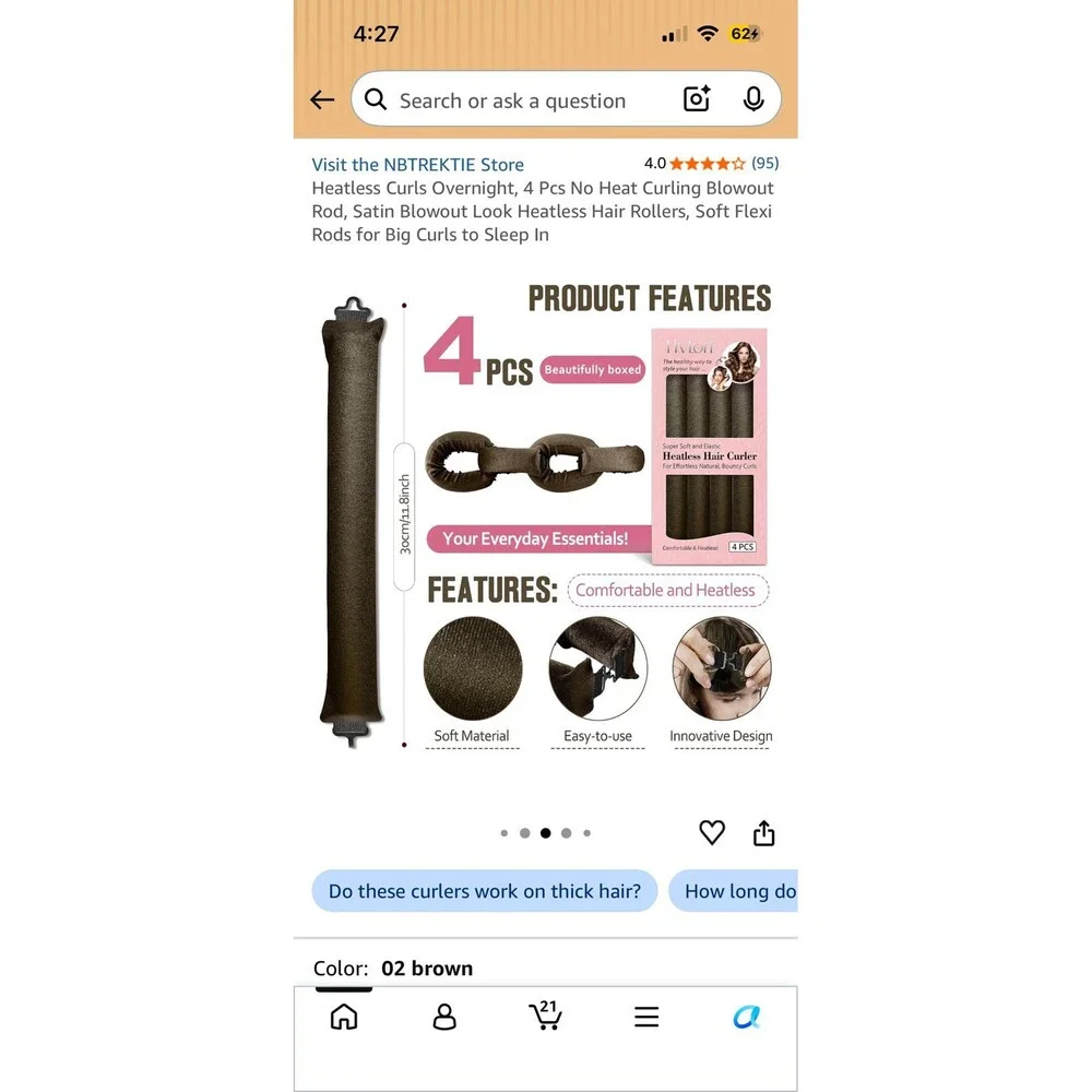 Heatless Curls Overnight, 4 Pcs No Heat Curling Blowout Rod,